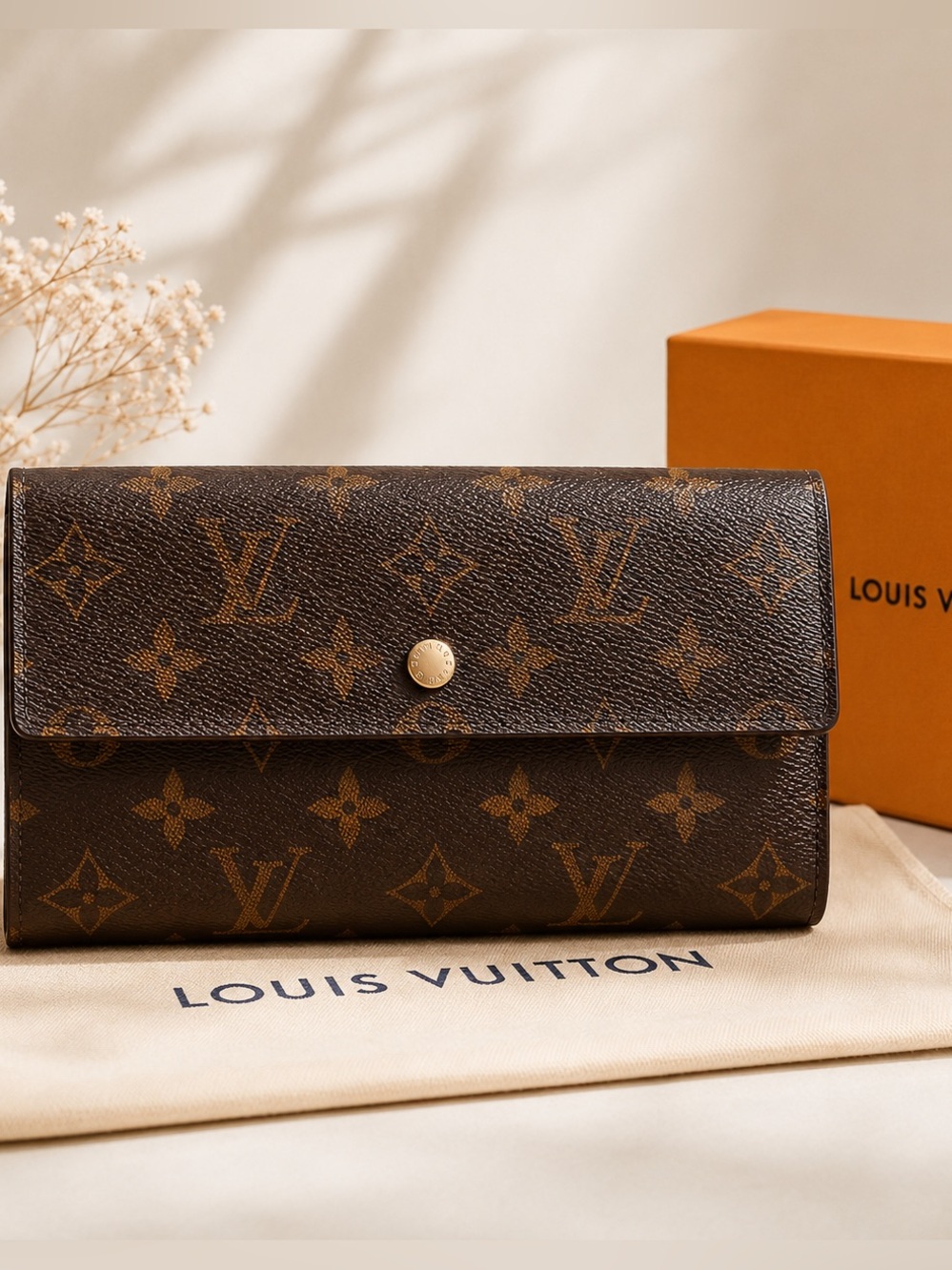 Louis Vuitton Monogram Sarah Wallet Long Wallet Brown Canvas LV Snap Flap